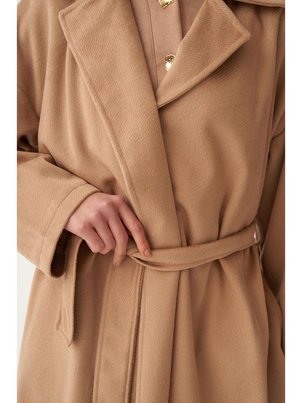 Koyu Bej-Kruvaze Yaka Kuşaklı Kaşe Kaban-4