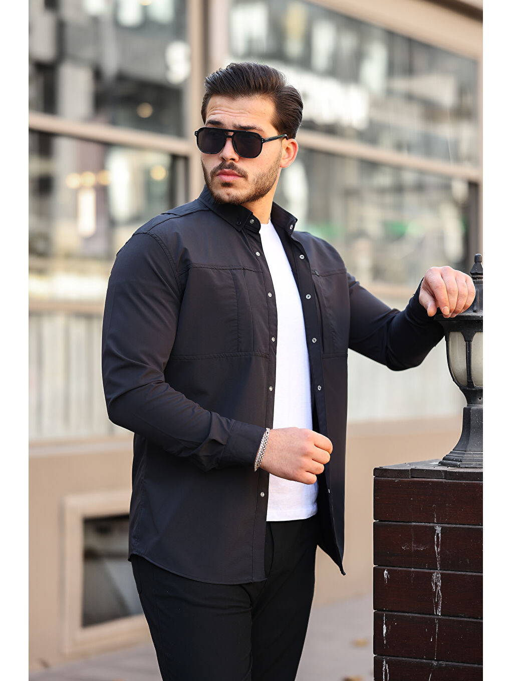 Siyah Erkek Gizli Cep Paraşüt Kumaş Gömlek-2
