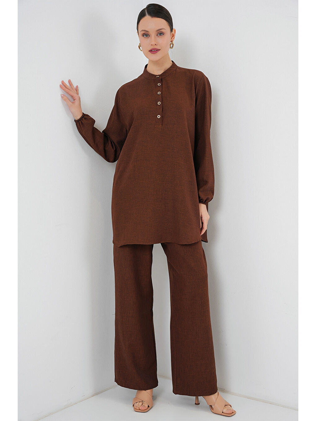 Bigdart 6678 Keten Tunik Pantolon İkili Takım - Kahverengi