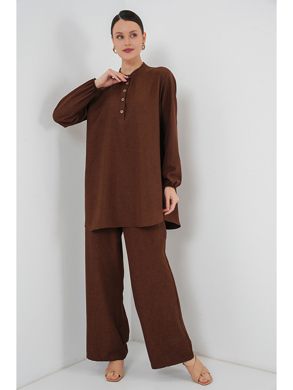 Bigdart 6678 Keten Tunik Pantolon İkili Takım - Kahverengi - 1