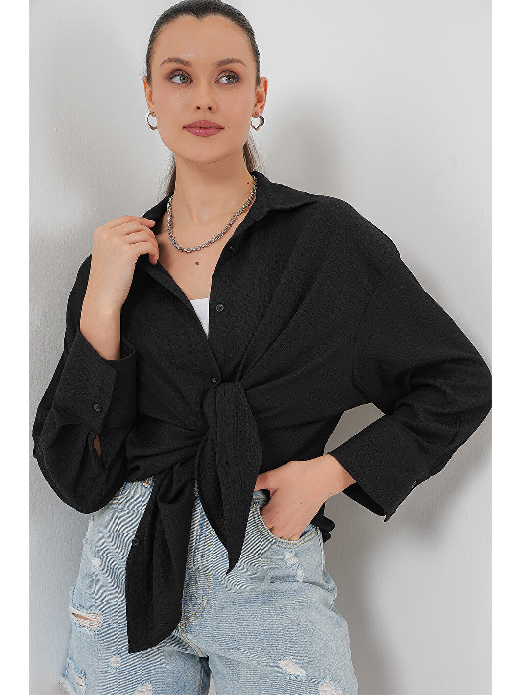 Kadın Örme Oversize Gömlek 20264 - Siyah-4