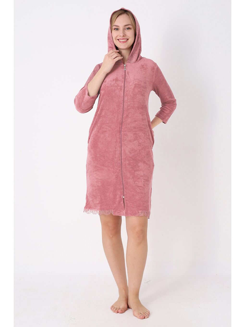 Kahverengi Kapüşonlu Fermuarlı Cepli Taşlı Truvakar Kollu Pamuklu Havlu Elbise-2