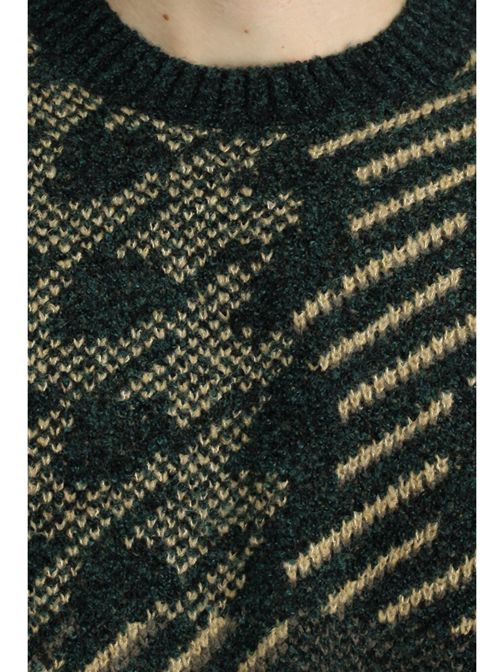 Yeşil Bisiklet Yaka Regular Fit Desenli Yünlü Triko Kazak-5