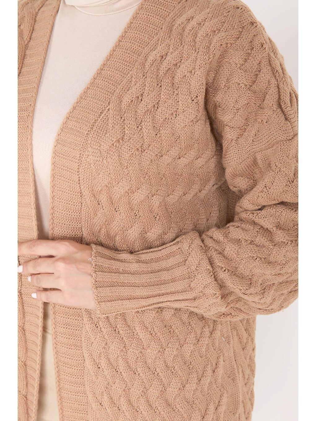 Bej Ceket Yaka Kadın Vizon Triko Hırka - 23104-4