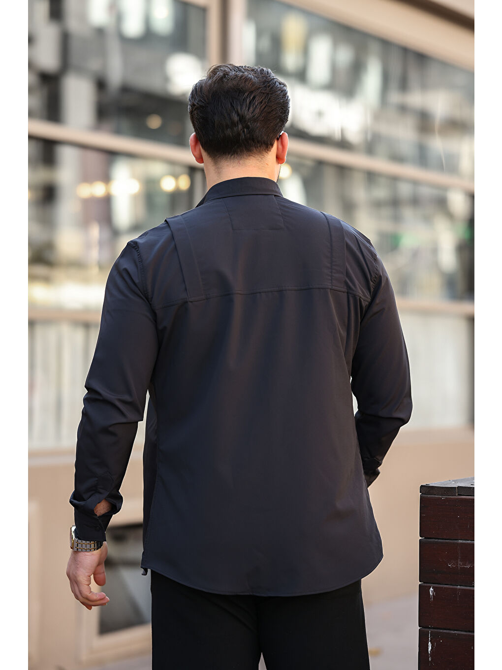 Siyah Erkek Gizli Cep Paraşüt Kumaş Gömlek-3