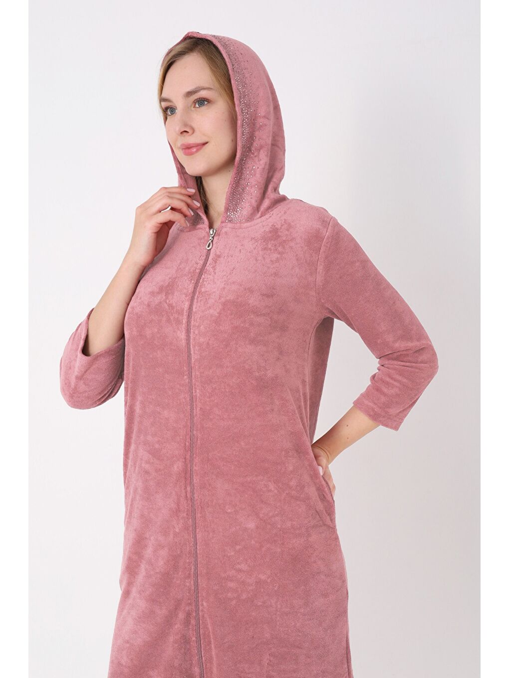 Kahverengi Kapüşonlu Fermuarlı Cepli Taşlı Truvakar Kollu Pamuklu Havlu Elbise-3