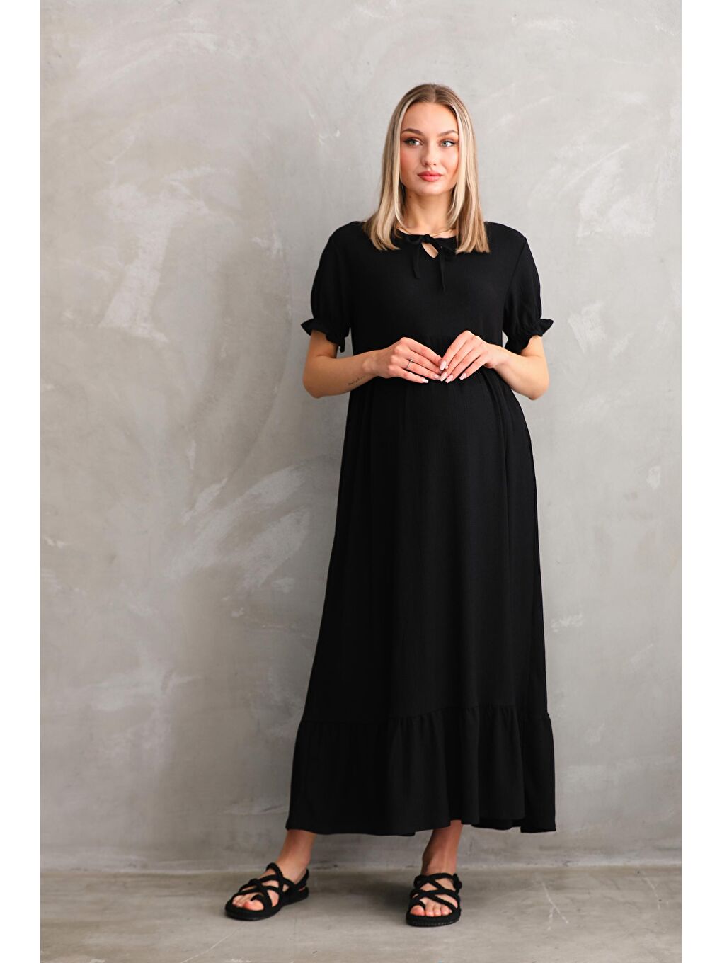 Siyah Yaka Kurdele Detaylı Dokuma Hamile ve Lohusa Elbisesi-1