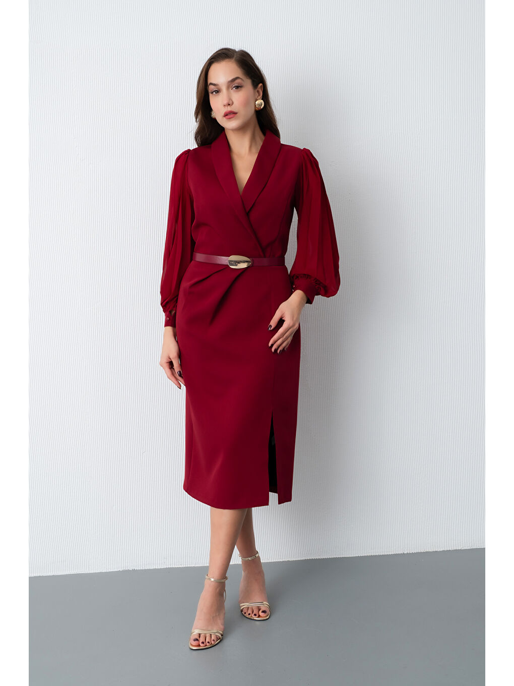 Kadın Bordo Kemerli Midi Abiye Elbise-1