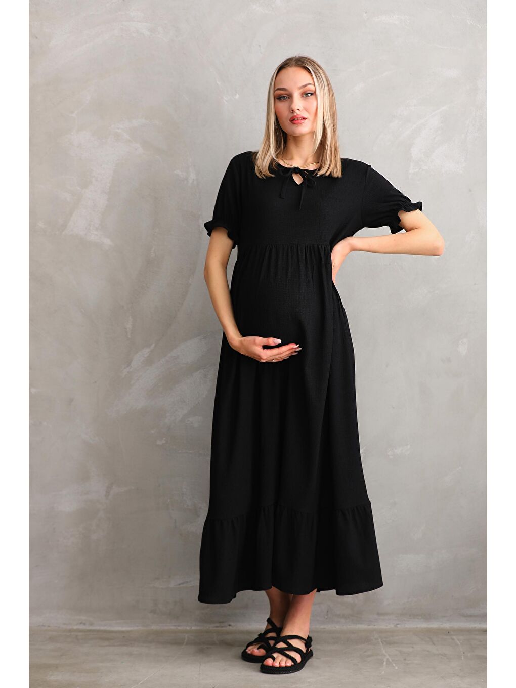 Siyah Yaka Kurdele Detaylı Dokuma Hamile ve Lohusa Elbisesi-2