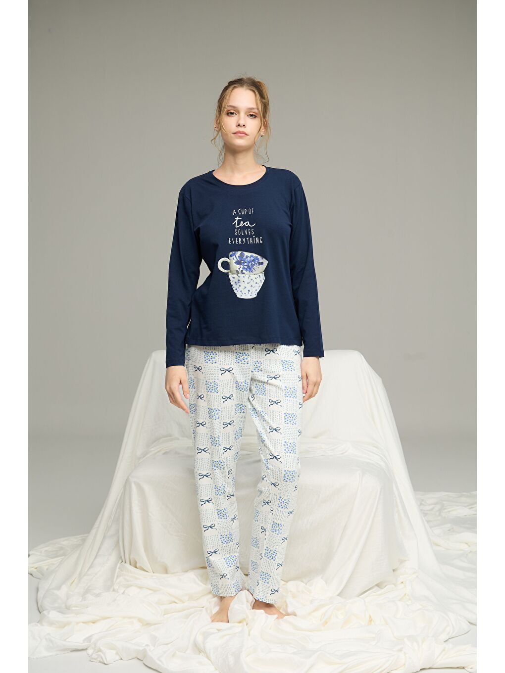 Lacivert Desenli Örme Pamuklu Pijama Takım25240247-1