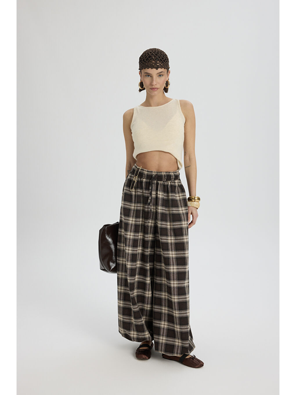 Kahverengi Jolene Ekoseli Kahve Şalvar Pantolon-1