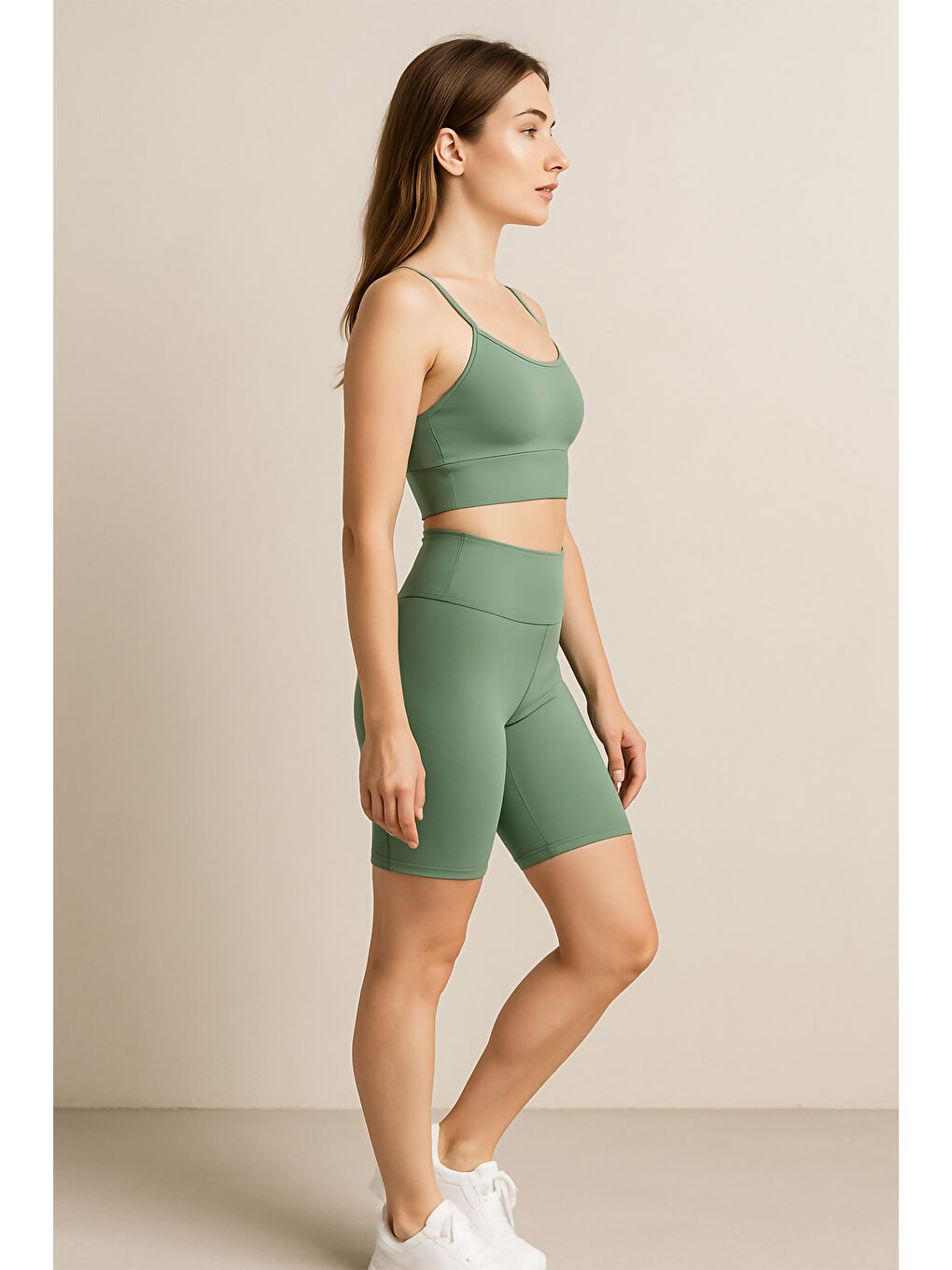 Yeşil Yüksek Bel Toparlayıcı Kadın Spor Kısa Tayt-2