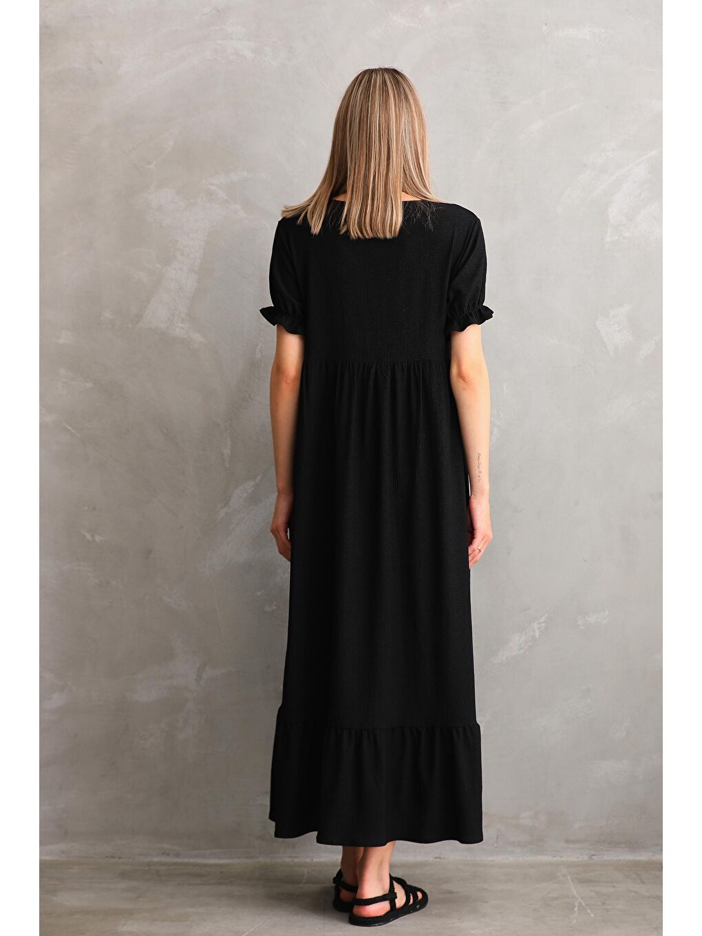 Siyah Yaka Kurdele Detaylı Dokuma Hamile ve Lohusa Elbisesi-3