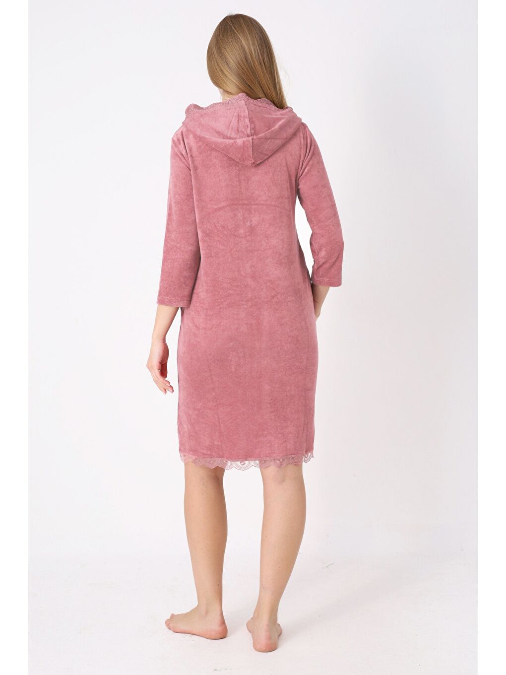 Kahverengi Kapüşonlu Fermuarlı Cepli Taşlı Truvakar Kollu Pamuklu Havlu Elbise-4