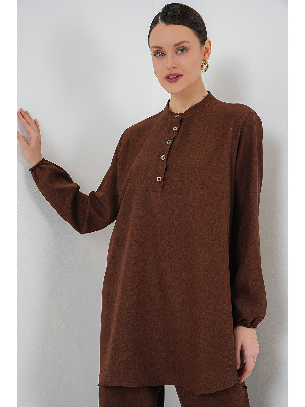 Bigdart 6678 Keten Tunik Pantolon İkili Takım - Kahverengi - 4