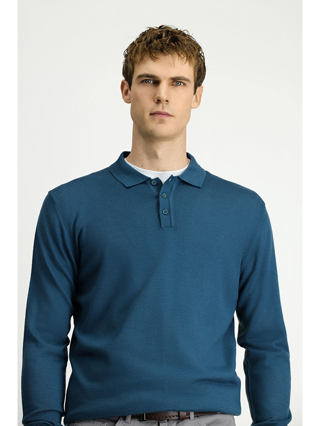 Yeşil Polo Yaka Düğmeli Regular Fit Sıcak Tutan Yünlü Triko Kazak-1