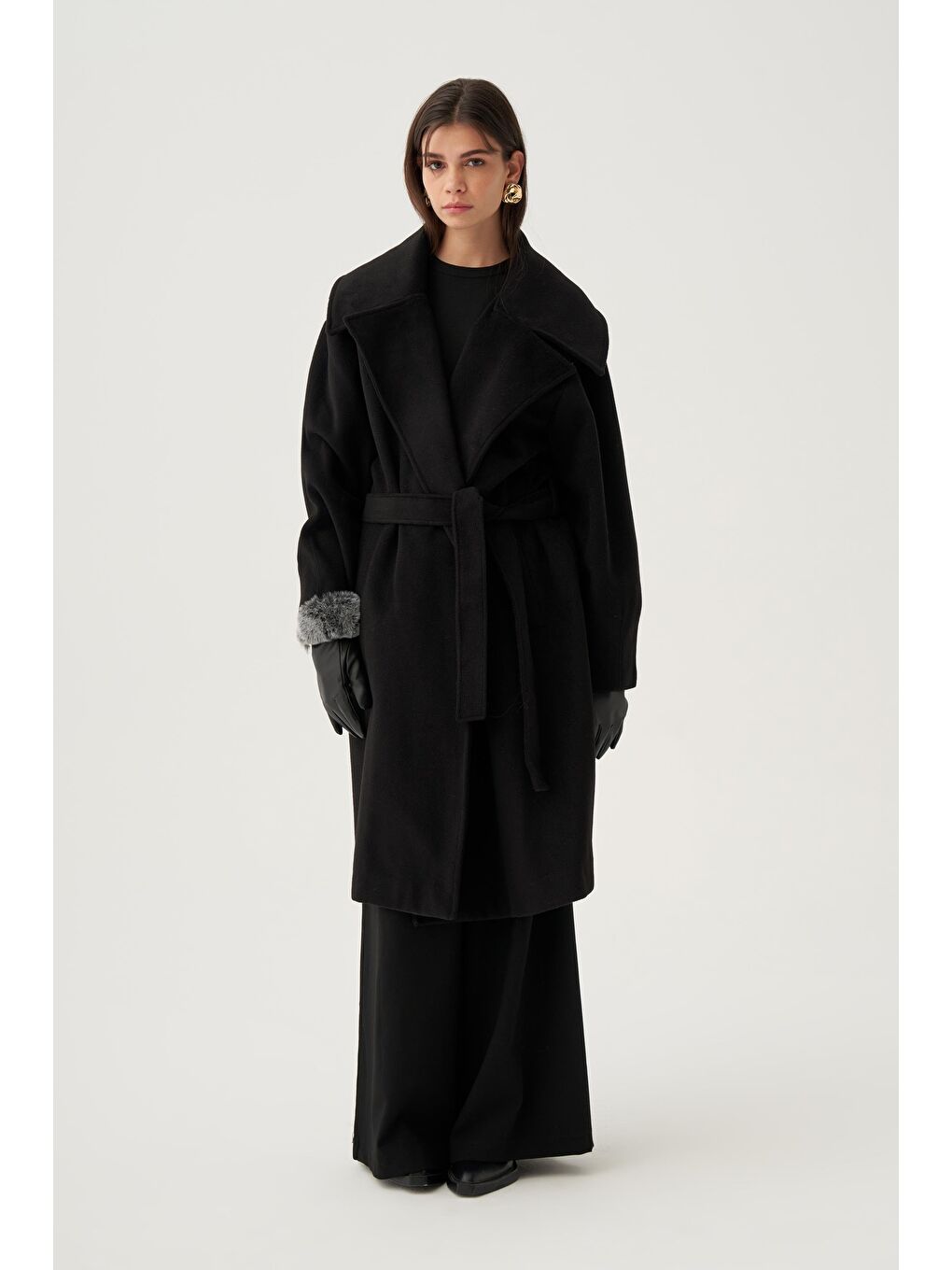 Siyah-Oversize Kuşaklı Kaşe Kaban