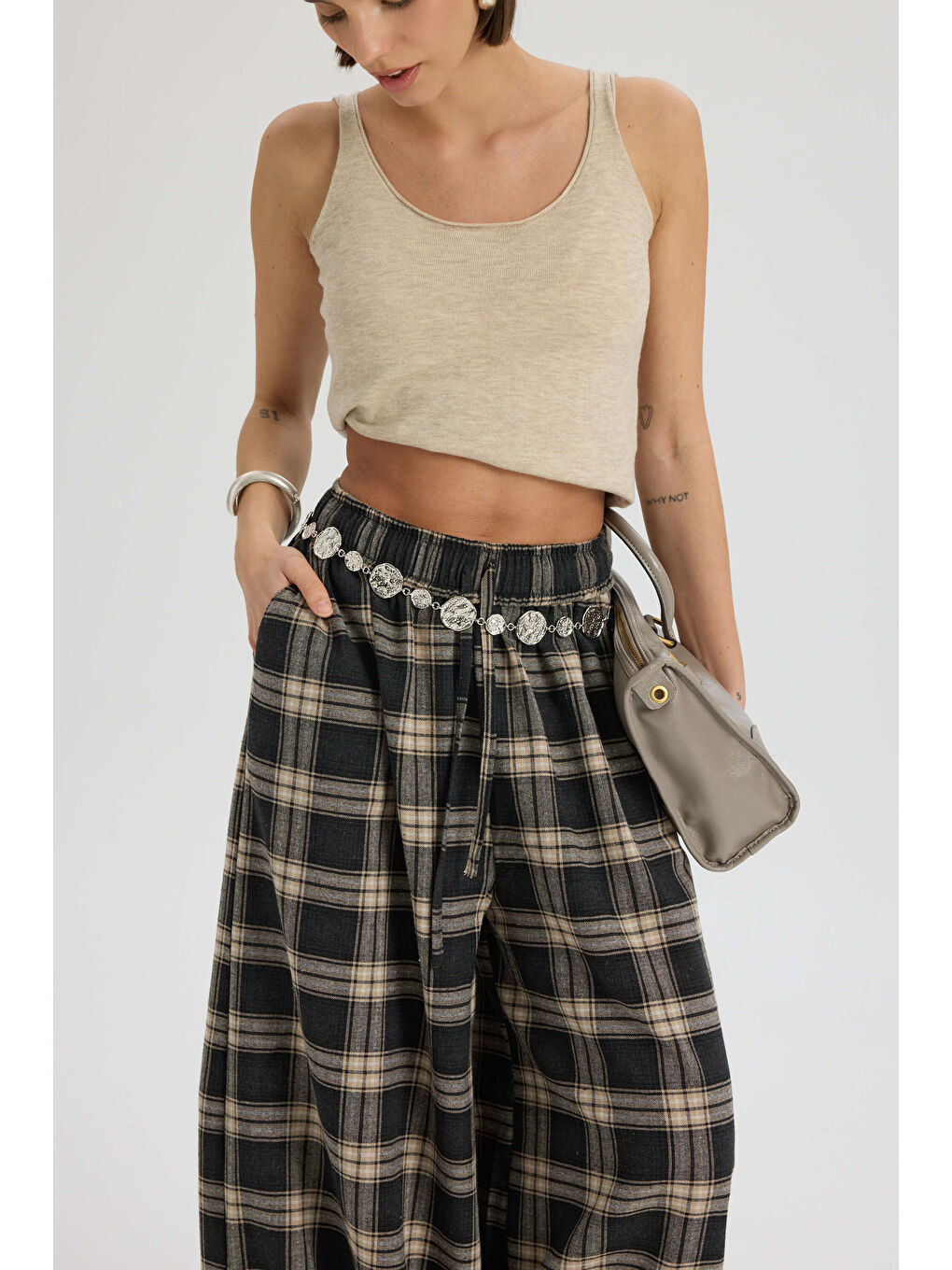 Jolene Ekoseli Antrasit Şalvar Pantolon