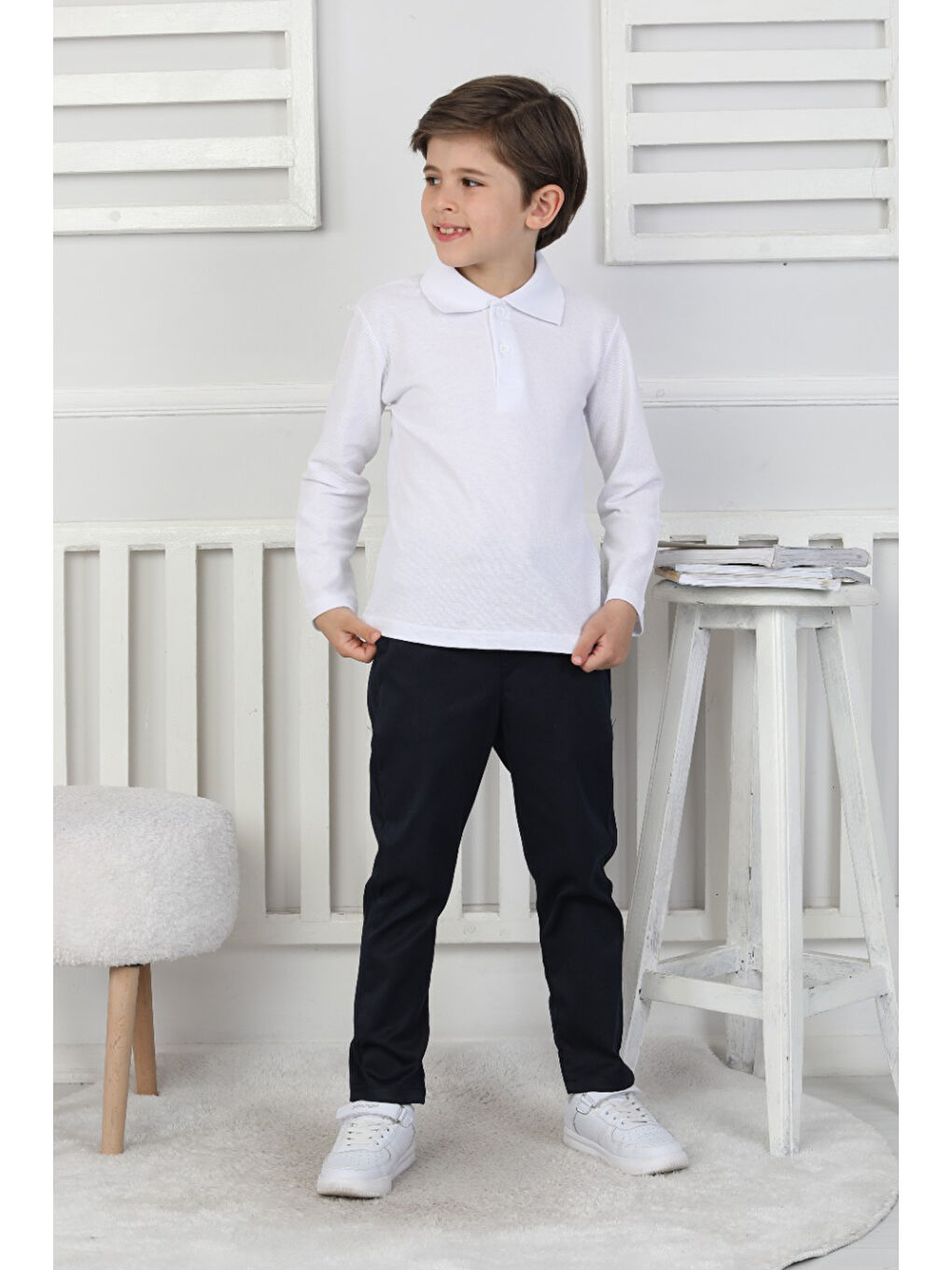 Beyaz Erkek Çocuk T-Shirt - Okul Tarz- Uzun Kol 5-17 Yaş 12497