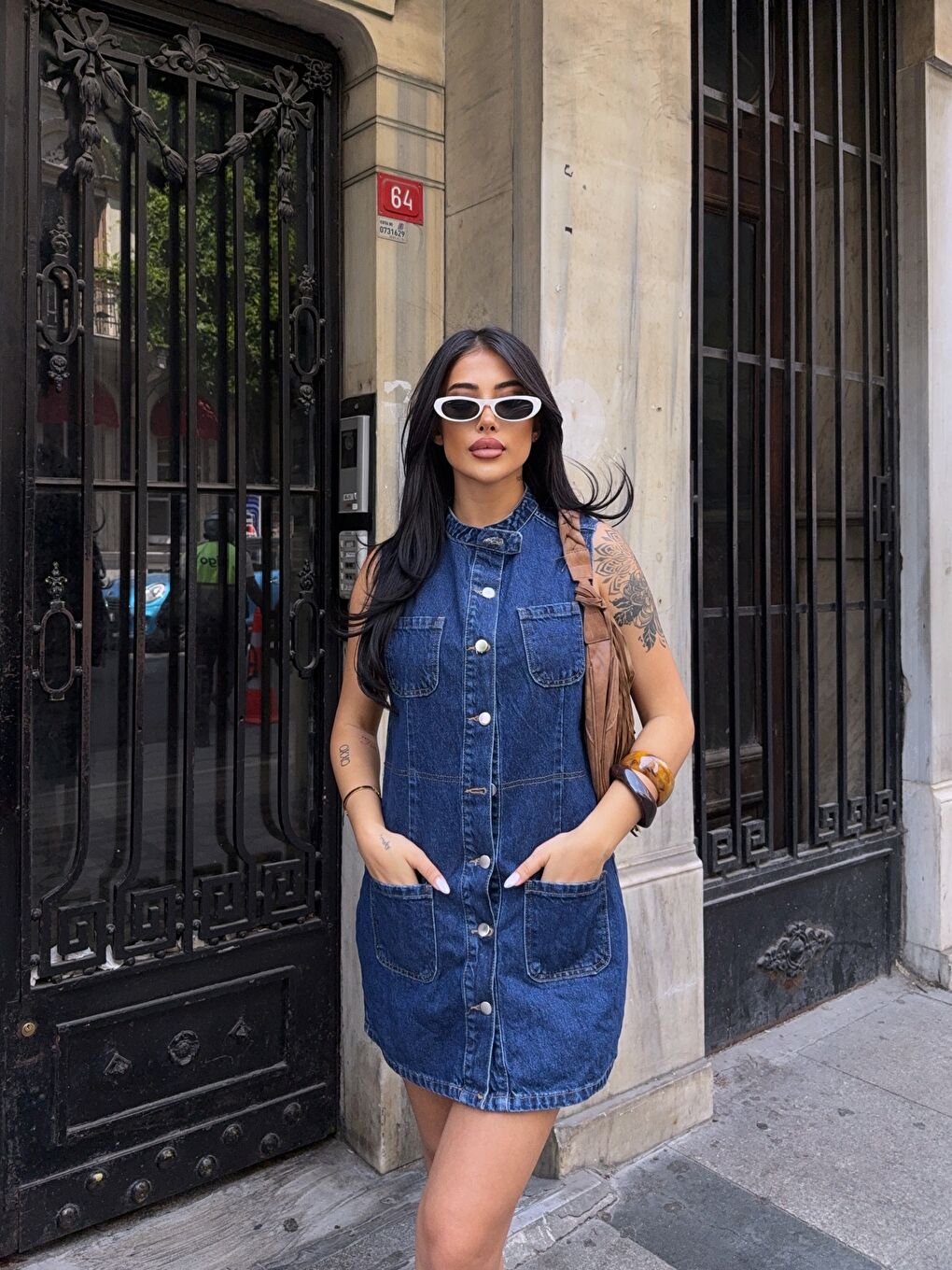 Lacivert Kolsuz Önü Düğmeli Jean Elbise-1