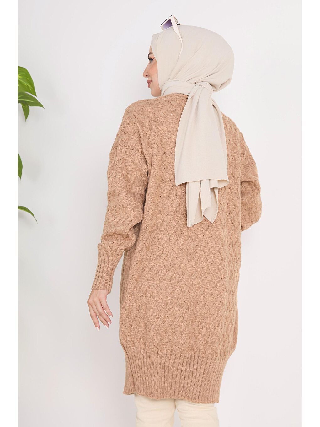 Bej Ceket Yaka Kadın Vizon Triko Hırka - 23104-5