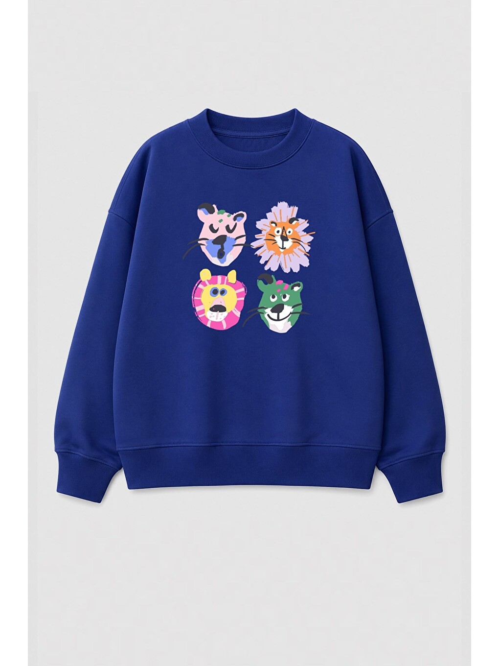 Lacivert Kız Çocuk 3 İplik Kumaş Pamuklu Hayvan Baskılı Sweatshirt