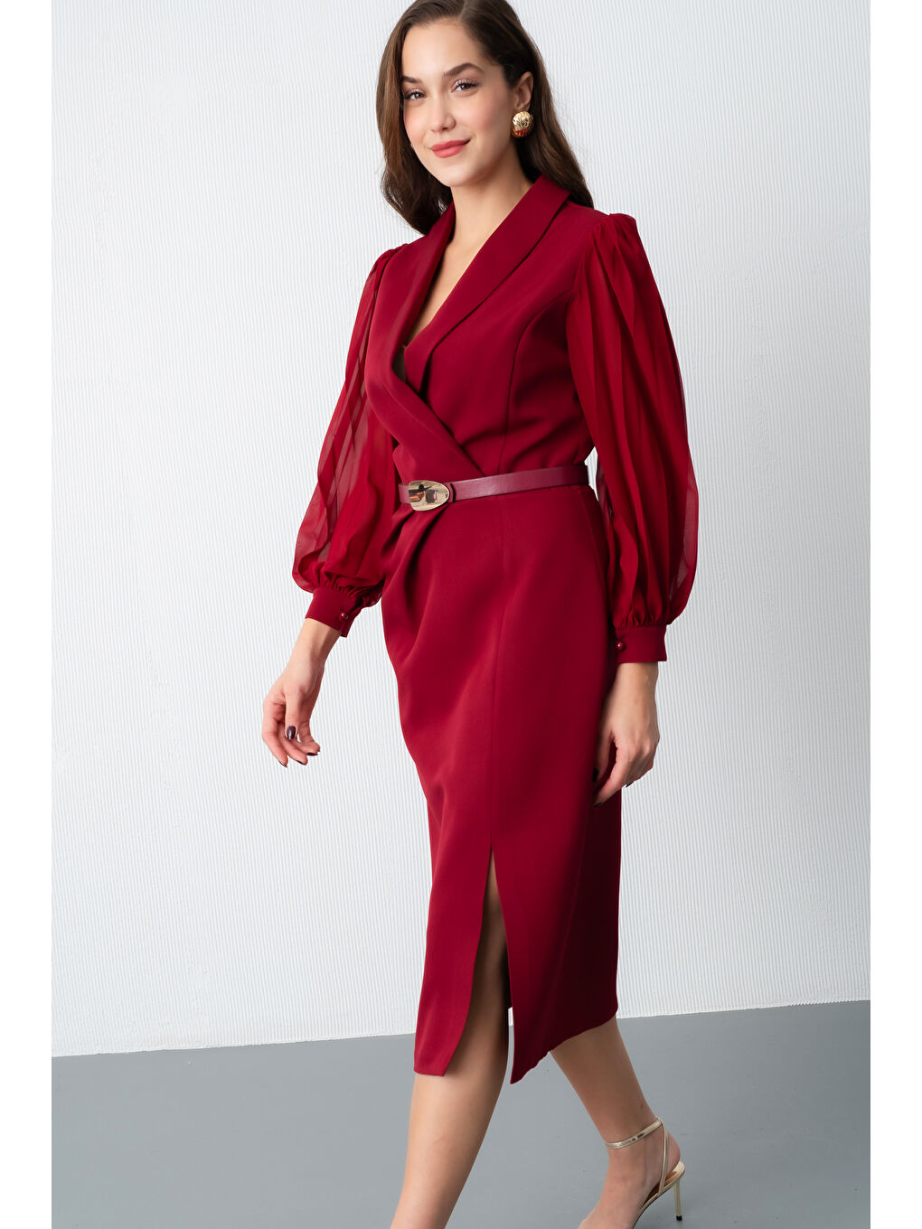 Kadın Bordo Kemerli Midi Abiye Elbise-2