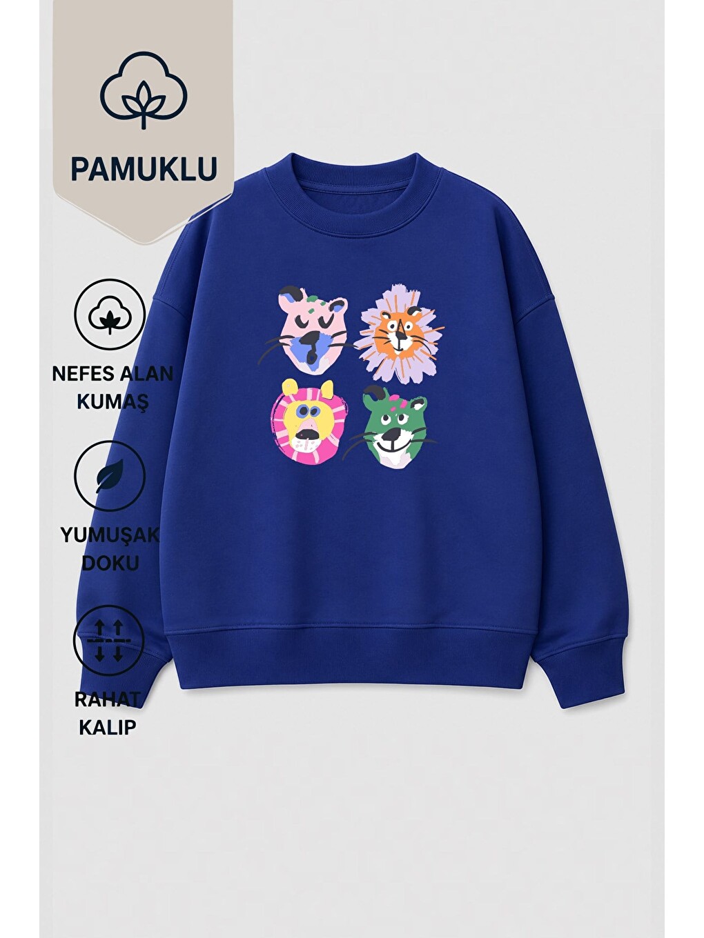 Lacivert Kız Çocuk 3 İplik Kumaş Pamuklu Hayvan Baskılı Sweatshirt-1