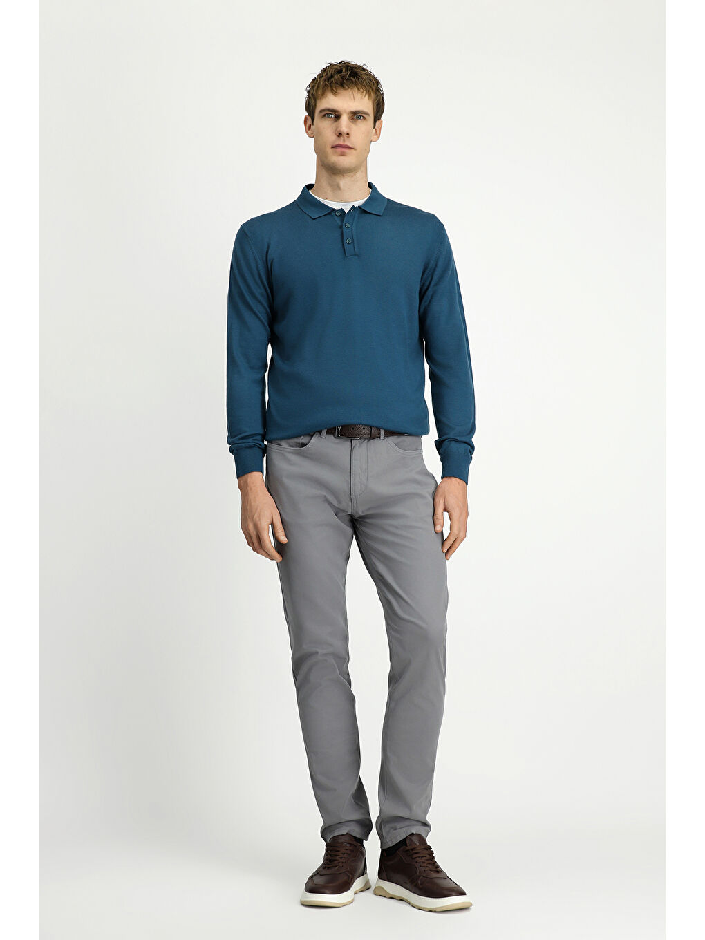 Yeşil Polo Yaka Düğmeli Regular Fit Sıcak Tutan Yünlü Triko Kazak-2