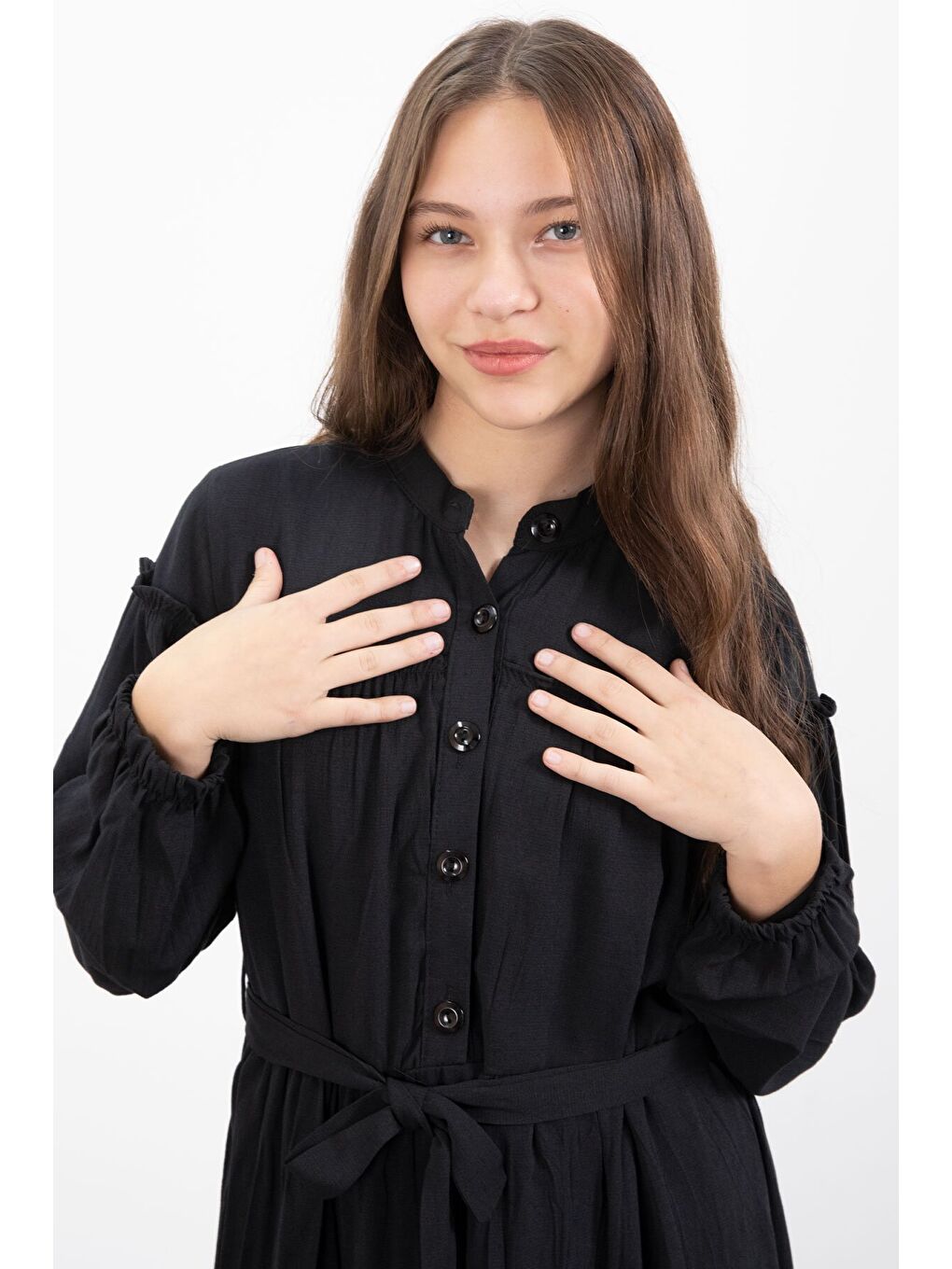 Siyah Kolları Büzgülü Kuşaklı Kız Çocuk Uzun Elbise 23398-2