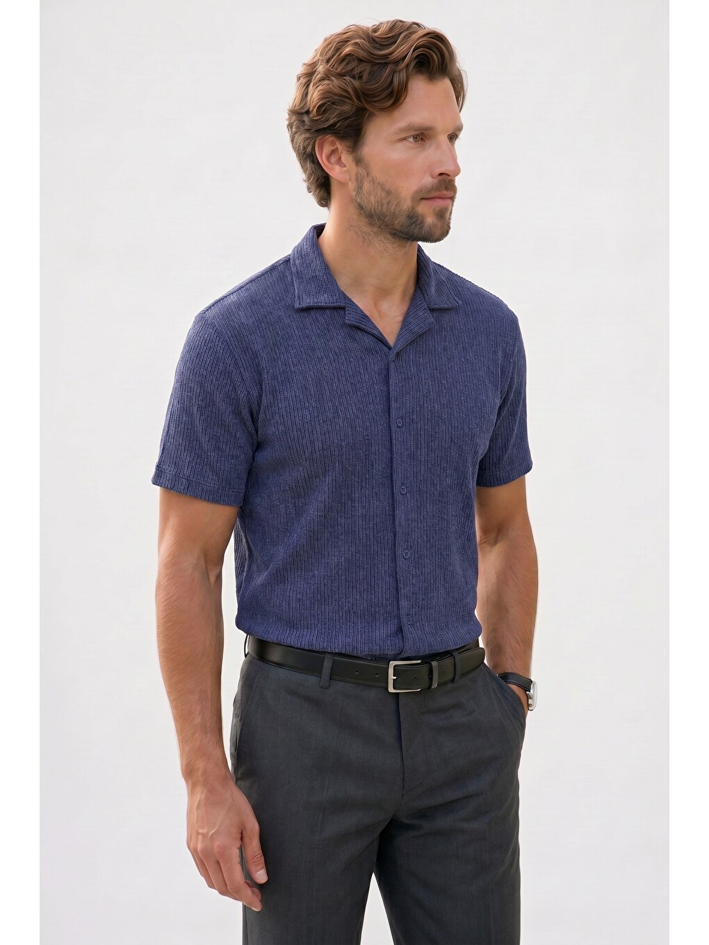 Erkek Relax Fit Rahat Kesim Yumuşak Dokulu Örme Kumaş Kısa Kollu Apaş Yaka  Lacivert Gömlek-3
