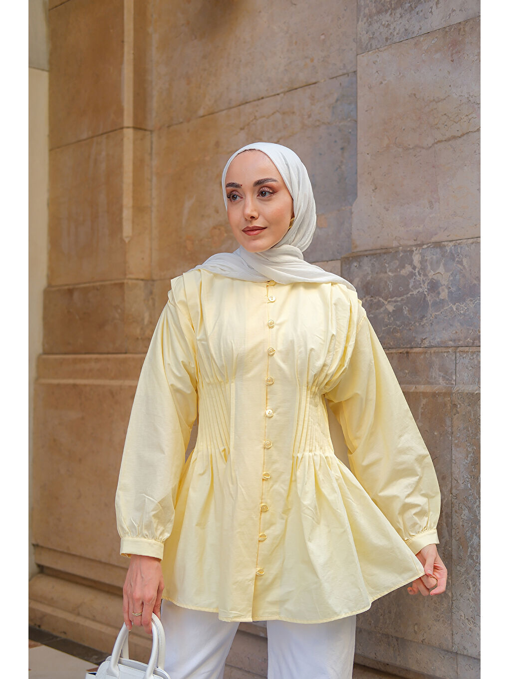 Kadın Beli Nervürlü Poplin Gömlek Sarı-2