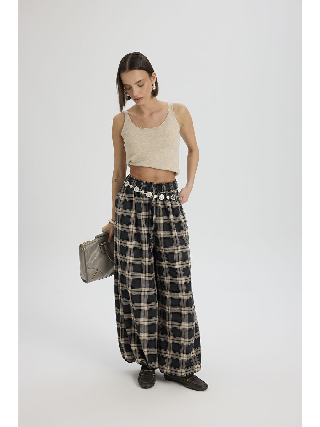 Jolene Ekoseli Antrasit Şalvar Pantolon-1