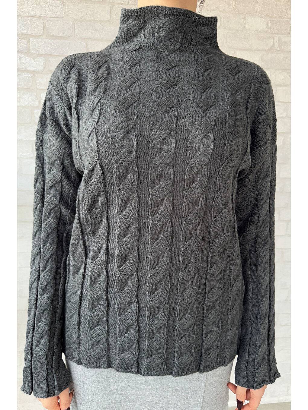 Antrasit Yarım Balıkçı Yaka Desenli Kadın Triko Kazak-2