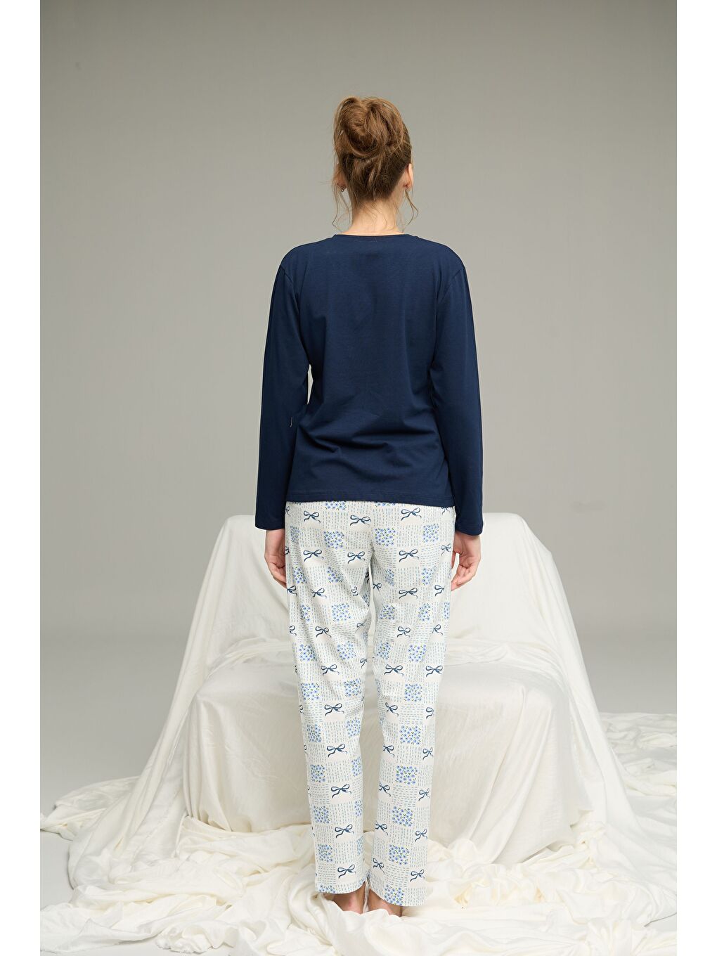 Lacivert Desenli Örme Pamuklu Pijama Takım25240247-2