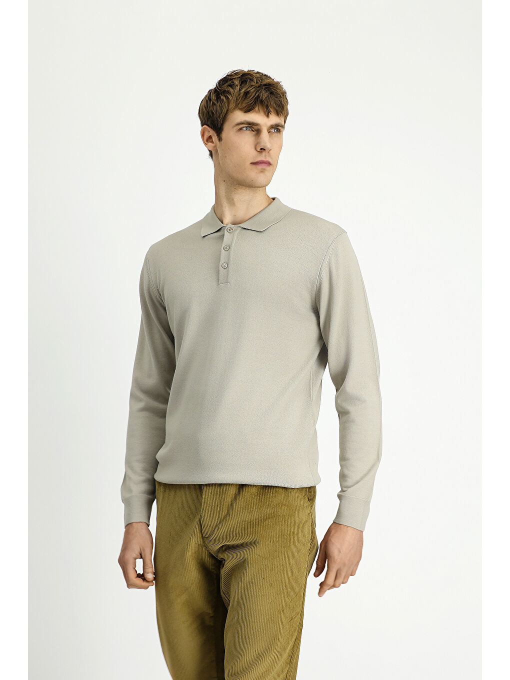 Bej Polo Yaka Düğmeli Regular Fit Sıcak Tutan Yünlü Triko Kazak