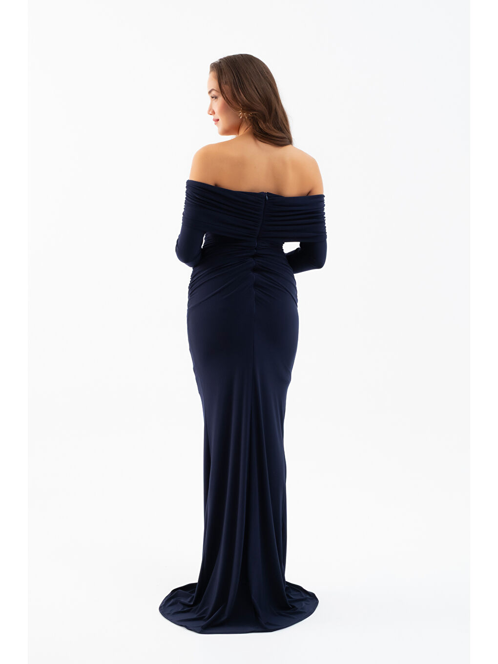 Kadın Lacivert Büzgü Detay Uzun Elbise-5