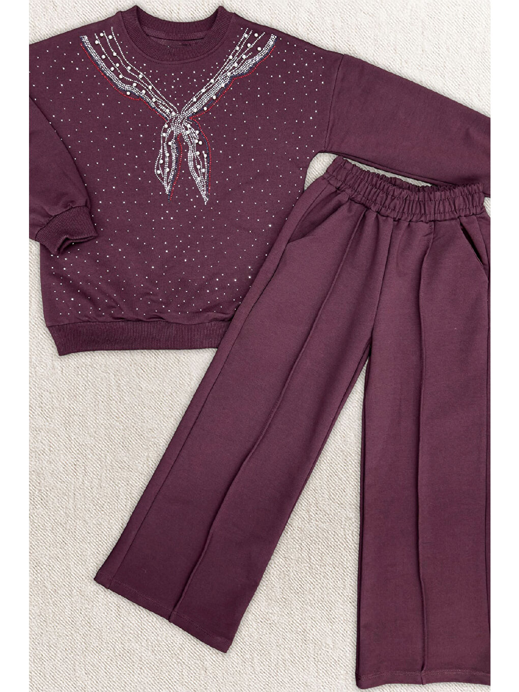 Mürdüm Kız Çocuk Taş Süslemeli Fular Desenli 2 İplik Alt-Üst Takım 4-12 Yaş 12511-1