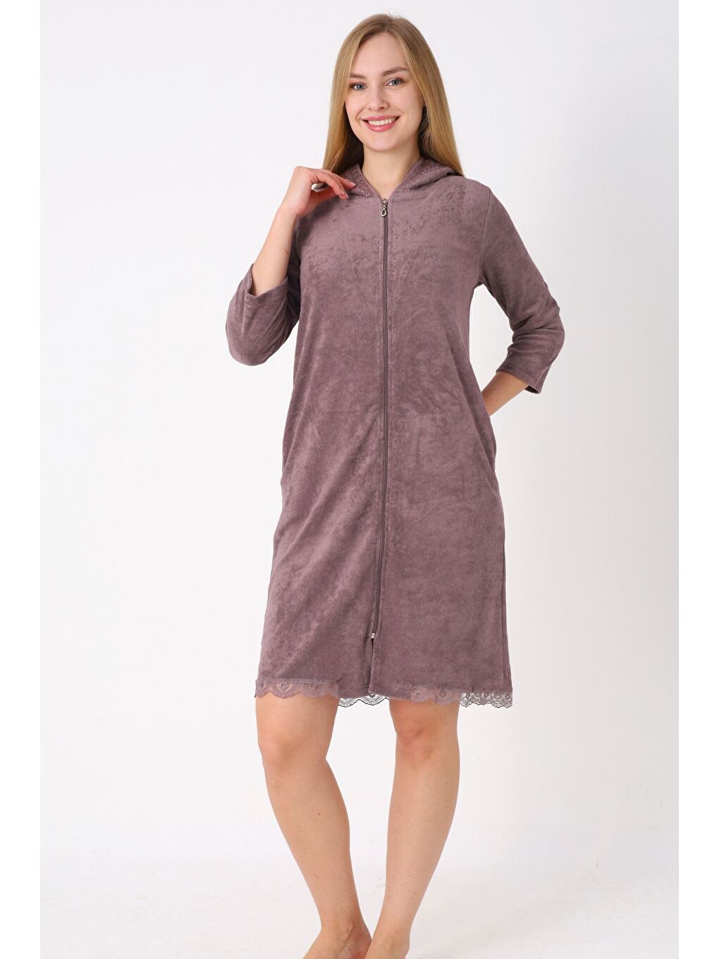 Antrasit Kapüşonlu Fermuarlı Cepli Taşlı Truvakar Kollu Pamuklu Havlu Elbise-1