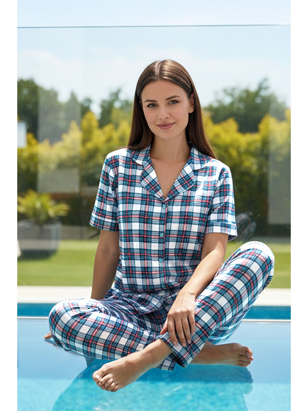 Kadın Desenli Kısa Kol Suprem Pijama Takımı 0276 Ekru02-2