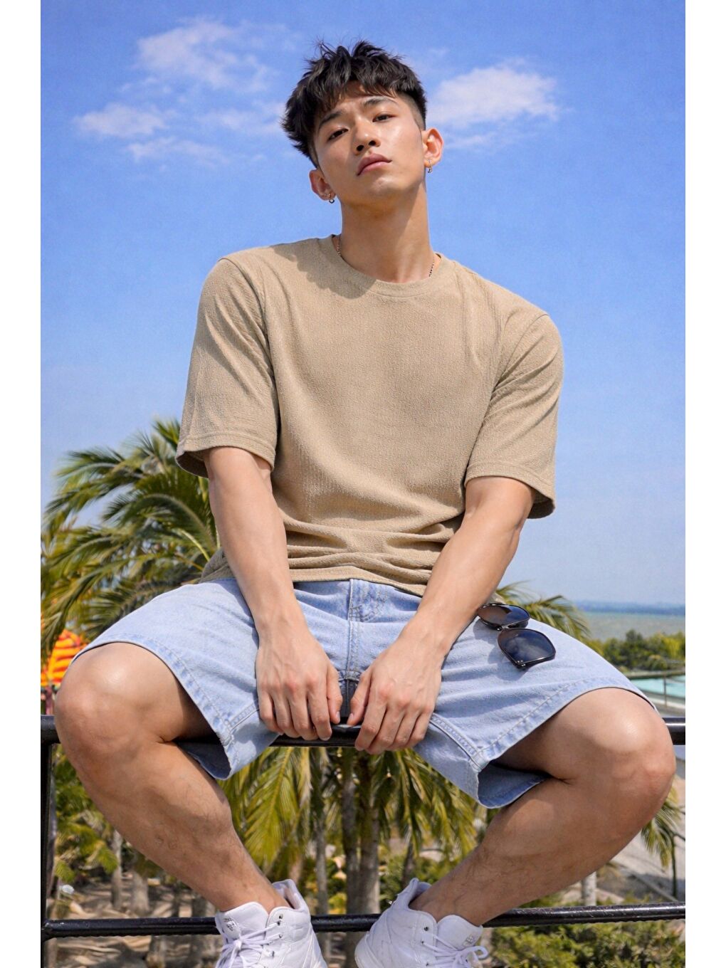 Bej Erkek Jakarlı Oversize Tişört Bisiklet Yaka Rahat Kalıp Yazlık Basic T-Shirt-1