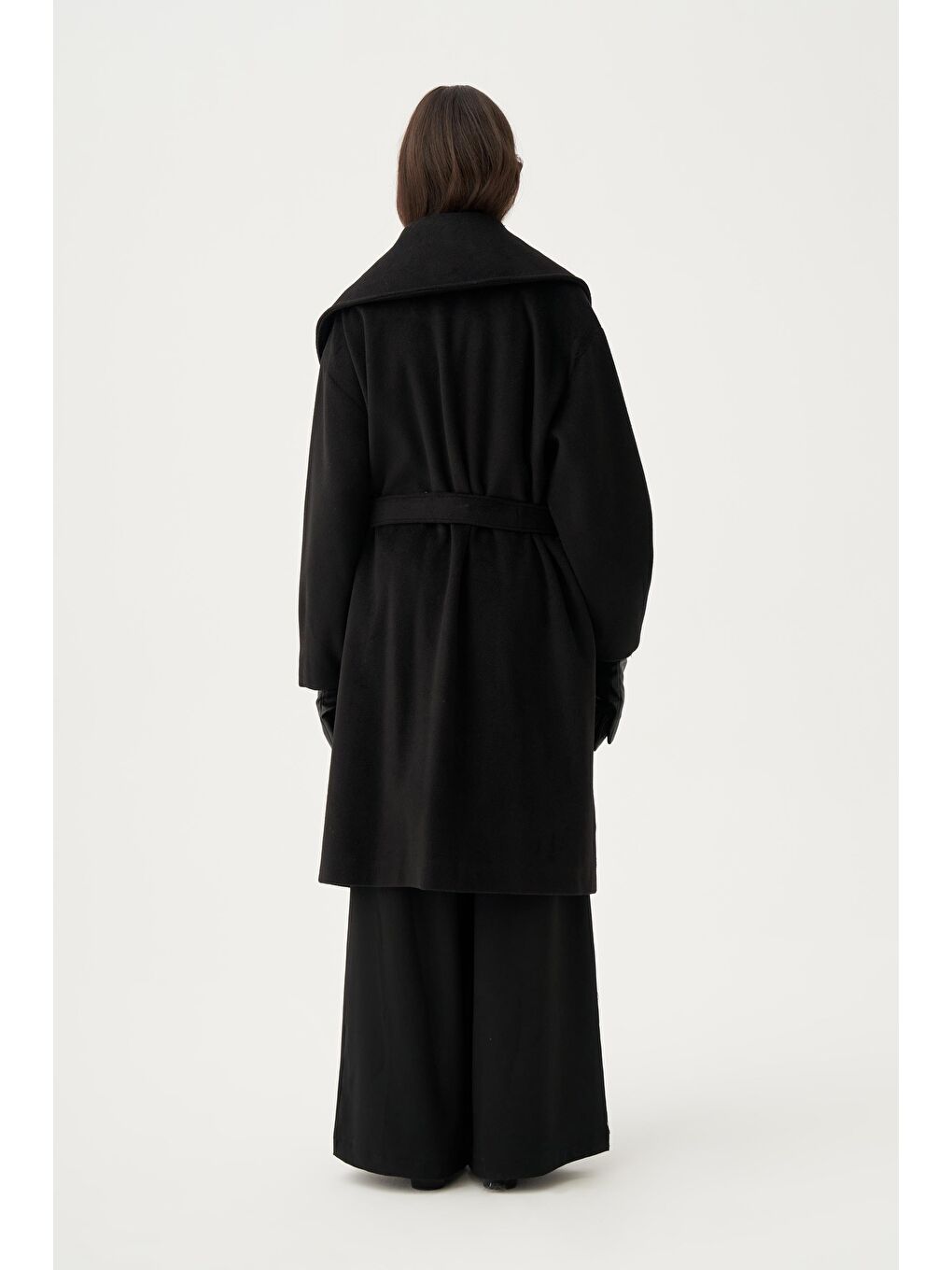 Siyah-Oversize Kuşaklı Kaşe Kaban-2