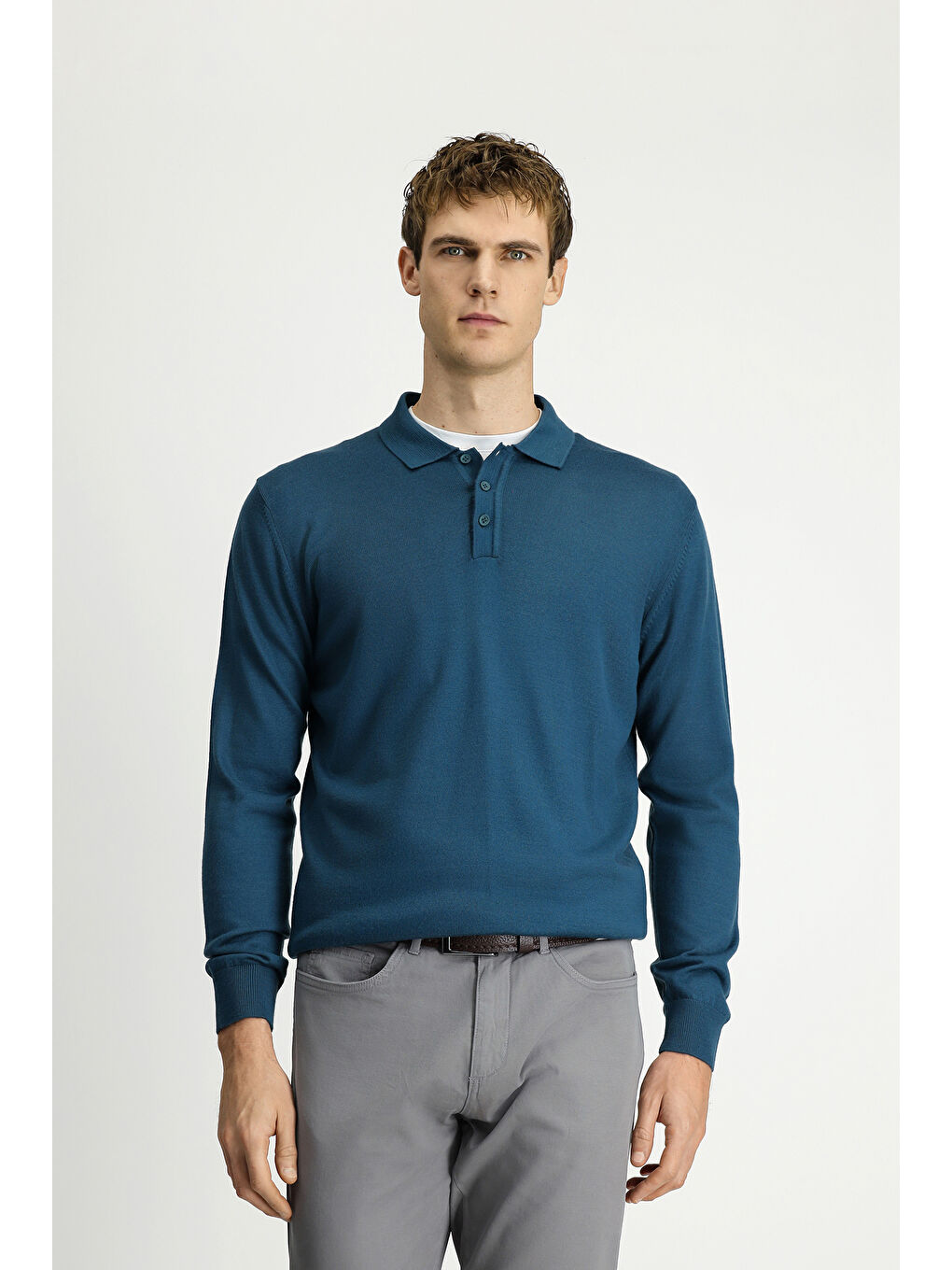 Yeşil Polo Yaka Düğmeli Regular Fit Sıcak Tutan Yünlü Triko Kazak-3