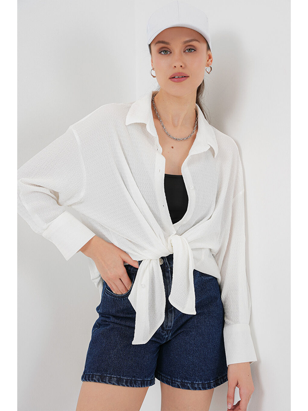 Kadın Örme Oversize Gömlek 20264 - Beyaz-1