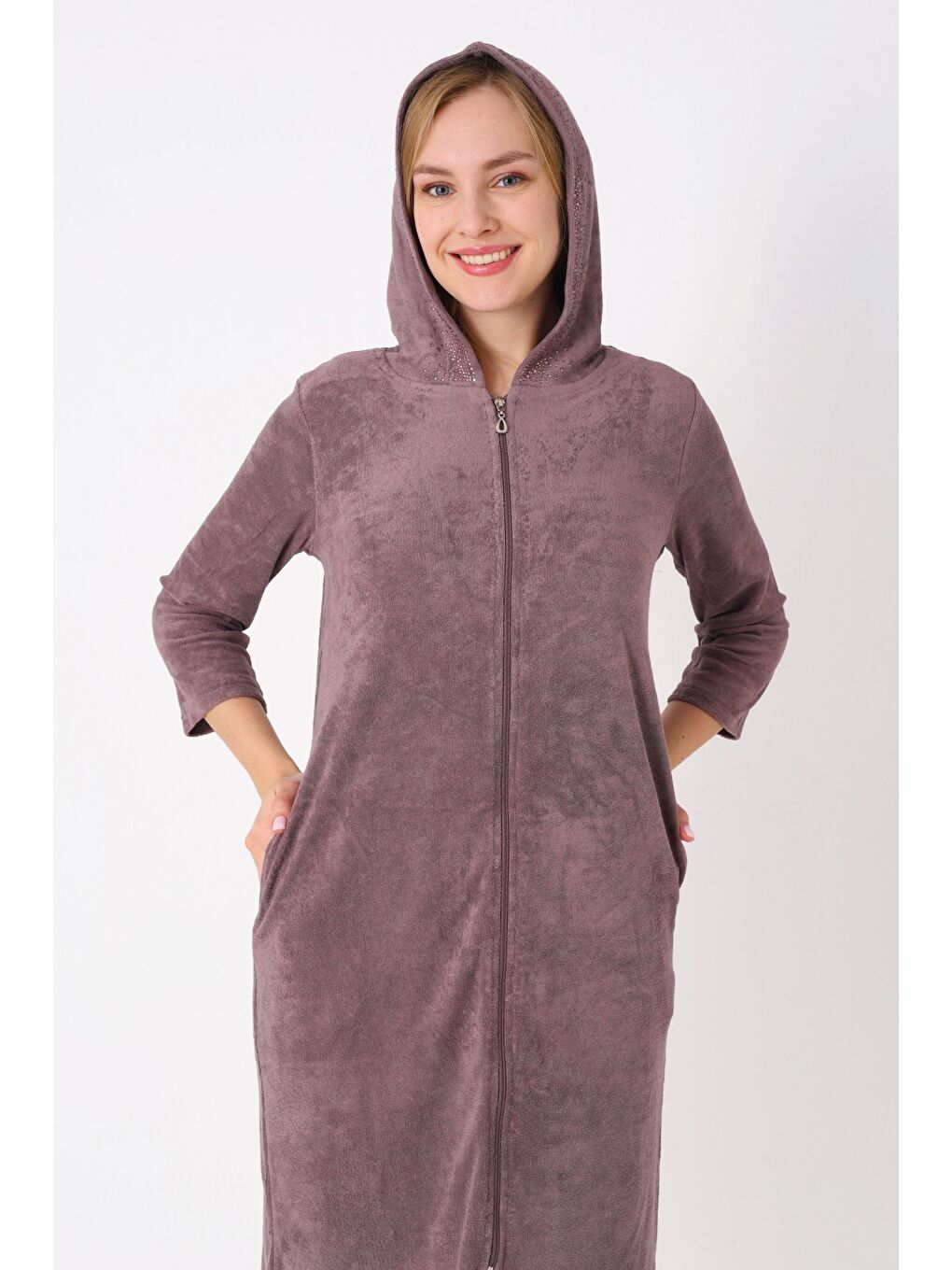 Antrasit Kapüşonlu Fermuarlı Cepli Taşlı Truvakar Kollu Pamuklu Havlu Elbise-2