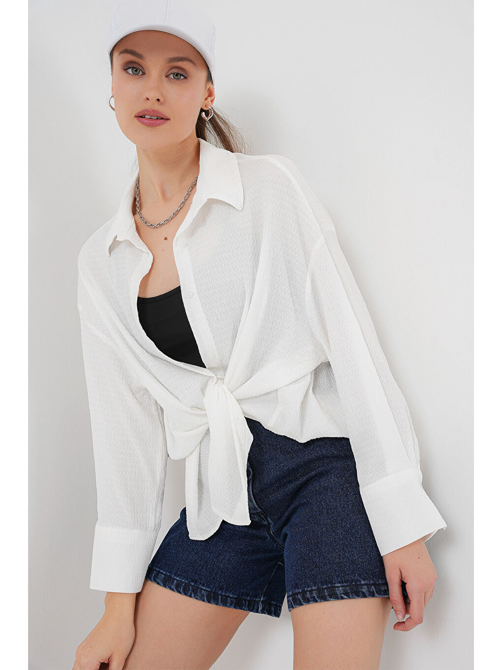 Kadın Örme Oversize Gömlek 20264 - Beyaz-2