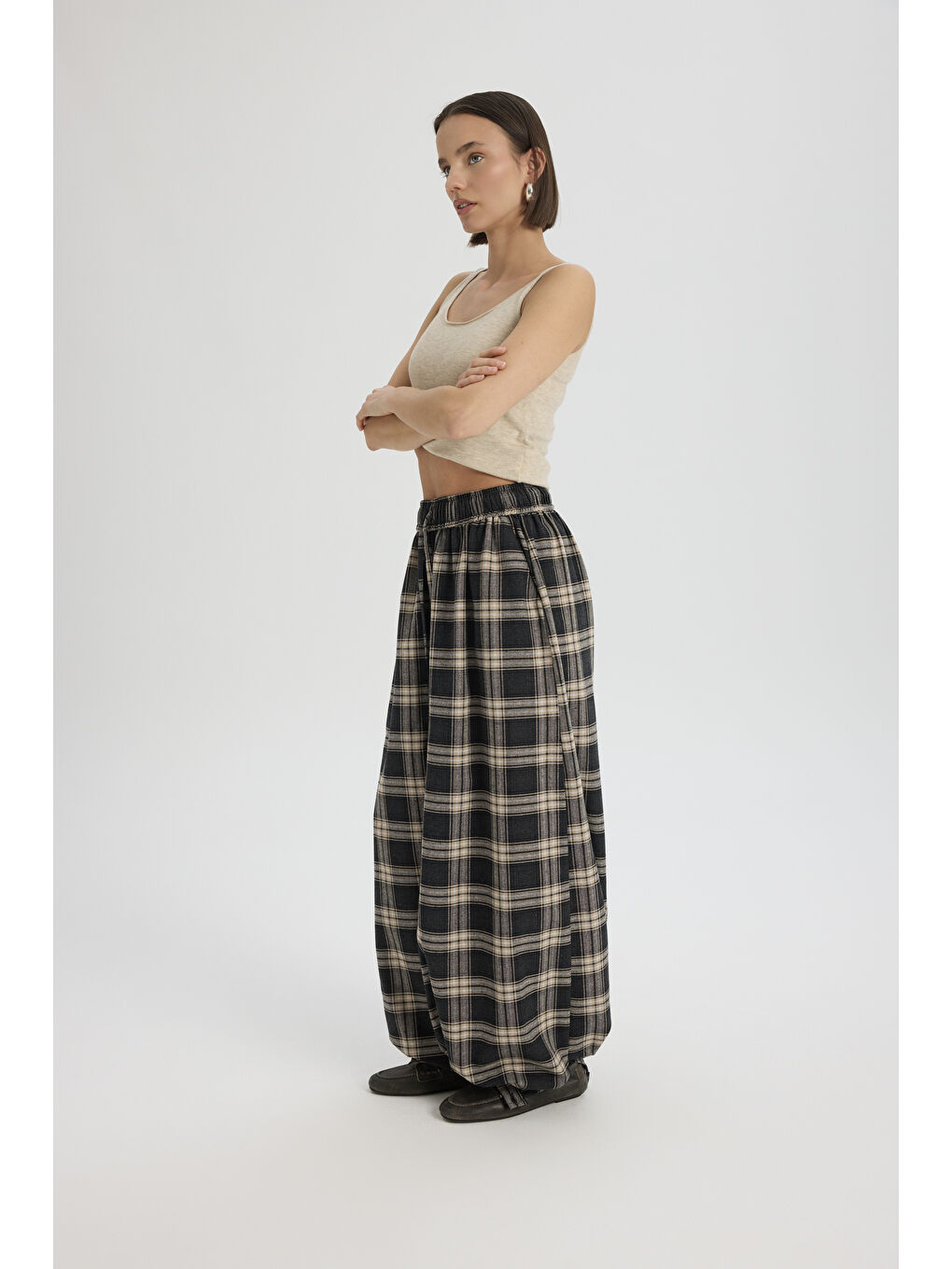 Jolene Ekoseli Antrasit Şalvar Pantolon-2