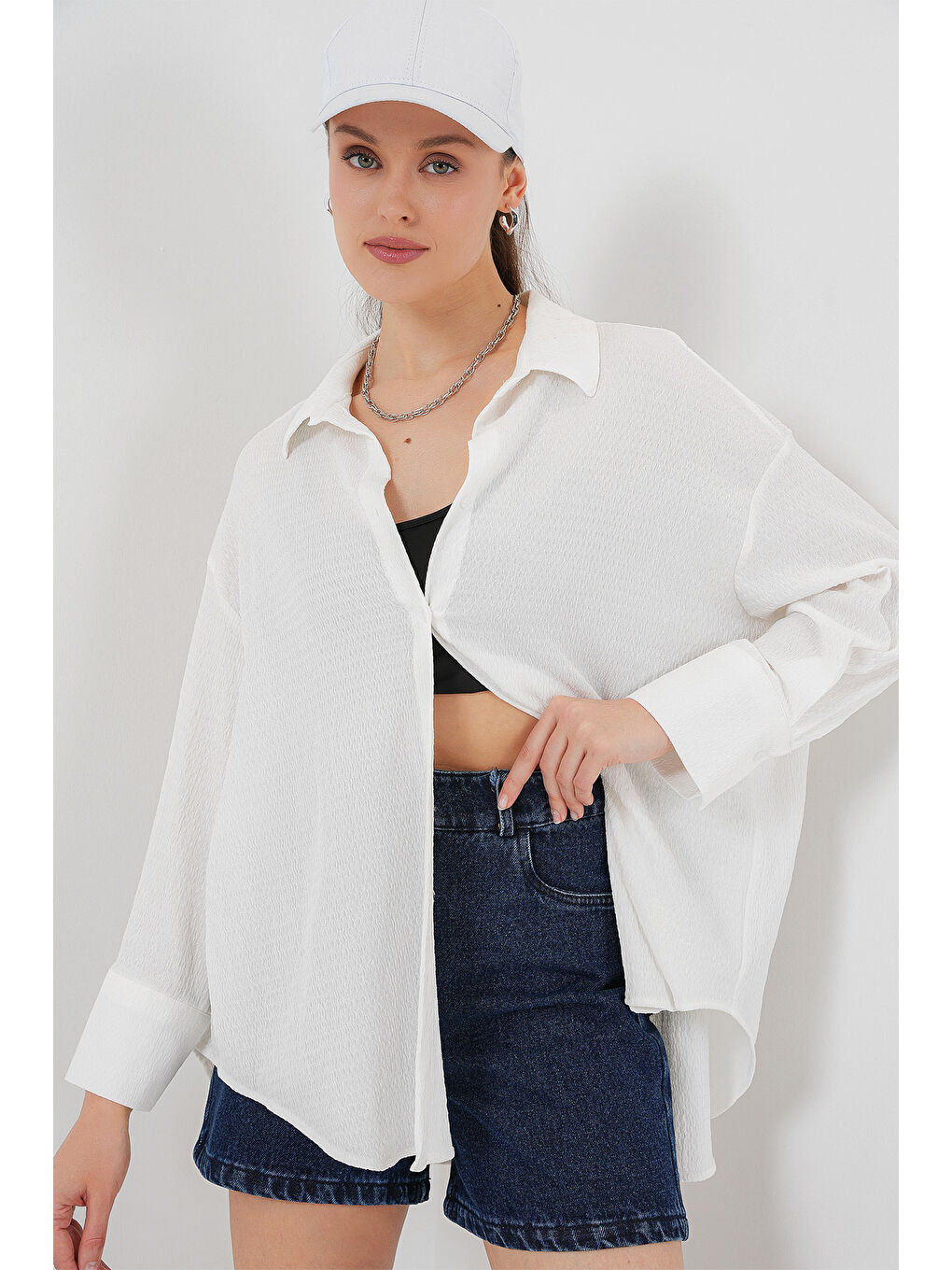 Kadın Örme Oversize Gömlek 20264 - Beyaz-3