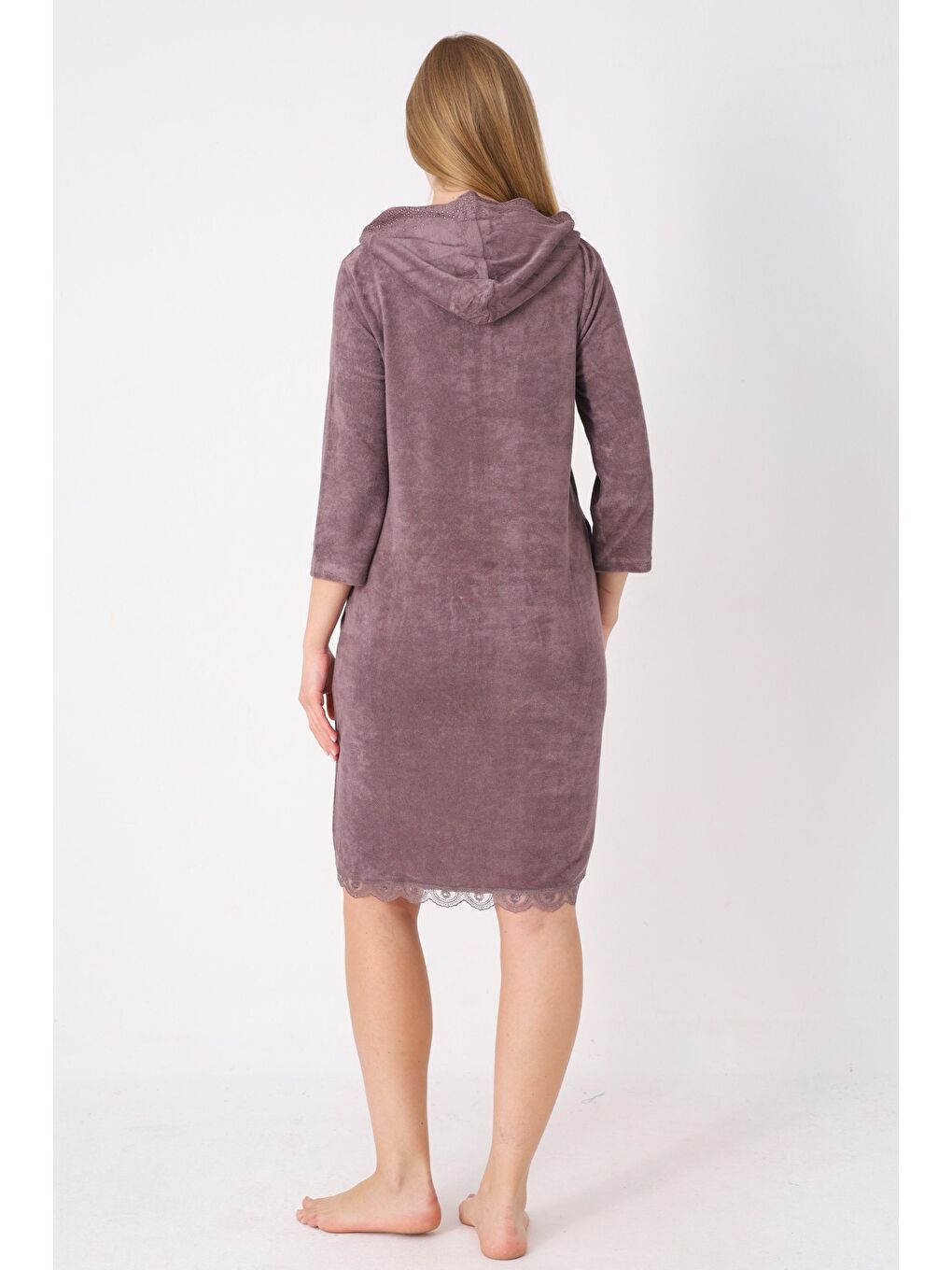 Antrasit Kapüşonlu Fermuarlı Cepli Taşlı Truvakar Kollu Pamuklu Havlu Elbise-3