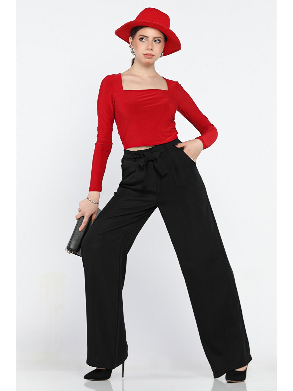 Siyah Kadın Yüksek Bel Pileli Kuşaklı Palazzo Pantolon-2